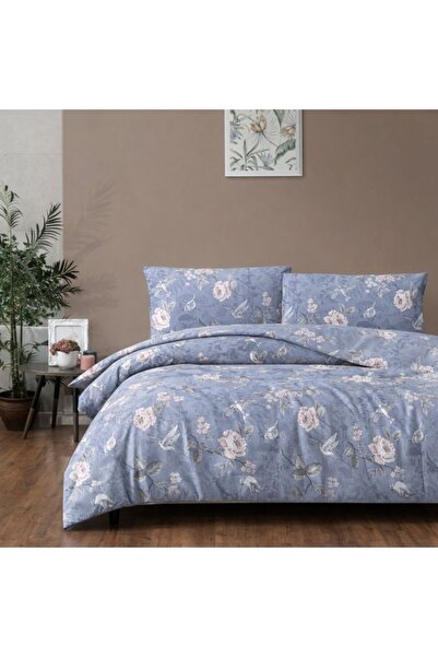 First Choice Double bed linen Cotton ranforce Ibiza Indigo with flowers and b...