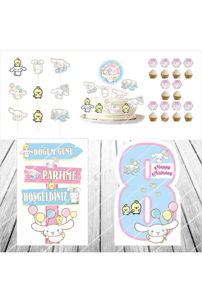 SİYAH PARTİ EVİ Cinnamoroll Doğum Günü Masa Panosu / Pasta Süsü Seti 8 Yaş