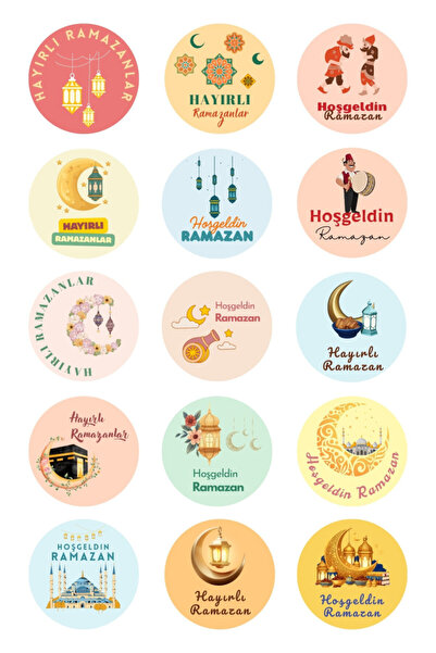 Bimotif 15 farklı Ramazan sticker, 4cm (Hoşgeldin Ramazan, Hayırlı Ramazanlar...