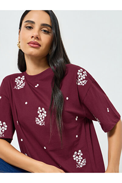 Styli Burgundy Embroidered Floral Oversized T-Shirt