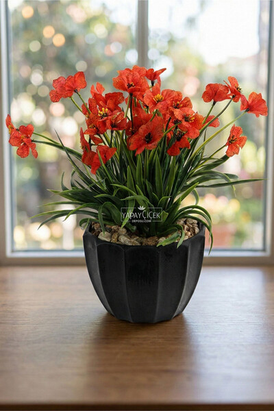 Yapay Çiçek Deposu Siyah Saksıda Safir Damarlı Tanzim 26 cm Turuncu