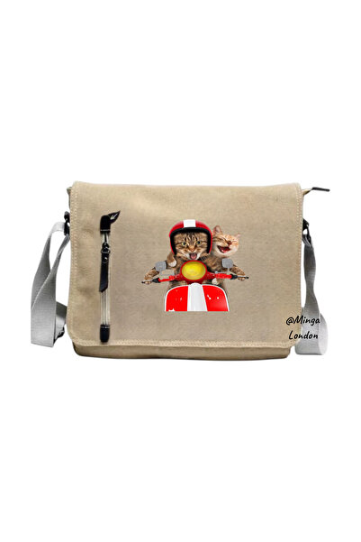 Minga London Beige Motorcycle Cat Printed Messenger Bag -Mingalondon