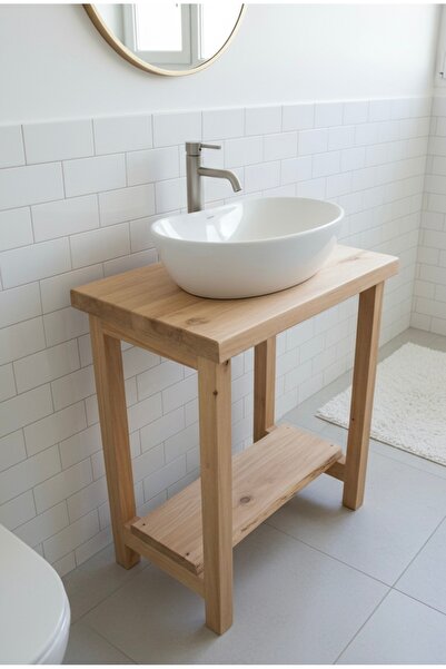 Ahşap Modern Masif Banyo Dolabı Seti - Doğal Çam Ağacı 70x60x40