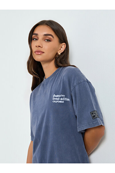 Styli Women Blue Acid Wash Oversized Slogan T-Shirt