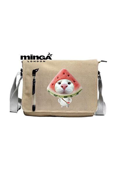 Minga London Beige Watermelon Cat Printed Messenger Bag -Mingalondon