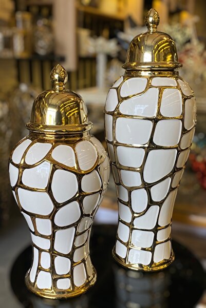 LEMİ DEKORASYON 2 Li Gold Kapaklı Seramik Ağ File Beyaz Şah Küp Vazo 42-52 Cm