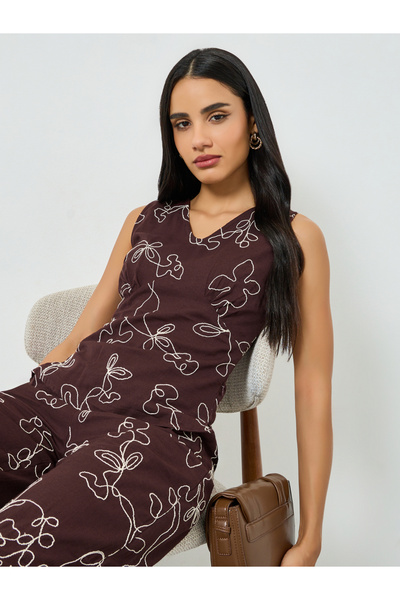 Styli Brown Embroidered V Neck Blouse