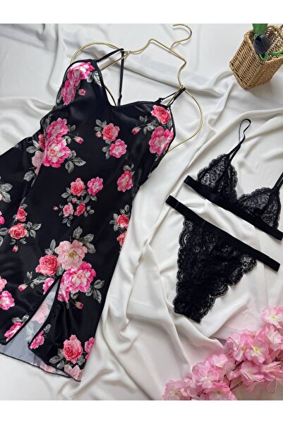 ROZENİN LINGERIE Satin Dress Nightgown Underwire-Free Lingerie Set 3-Piece Set