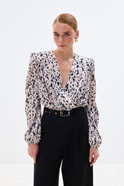 Sateen Women's 26Y-1950-1610 Patterned Double-Breasted Bodysuit Ecru