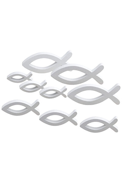 Other White Wooden Christian Fish, Set of 9 Pieces, Baptism or Communion Tabl...