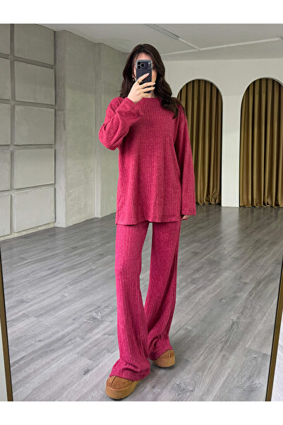 Coral Ribbed Striped Knitted Set 36389 Claret Red