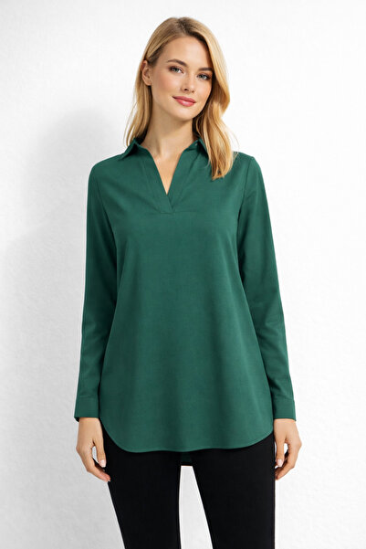 Nuevo Emerald Green Viscose V-Neck Relaxed Fit Long Sleeve Women's Shirt Blouse