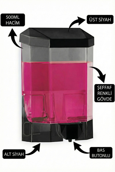 Berta Hijyen Duvara Monte Sıvı Sabunluk - Siyah Basmalı Şeffaf Hazne 500 ML -...