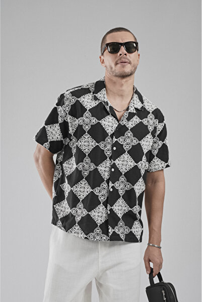 Butik Trend Biz Oversize Embroidered Patterned Lattice Fabric Men's Shirt