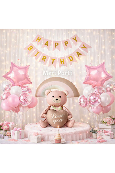 MERİ PARTİ Pembe Ayıcıklı Doğum Günü Konsept Seti Kız Çocuk Doğum Günü
