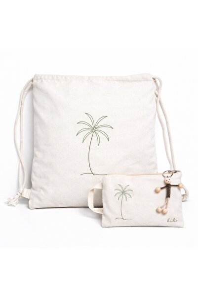 hodie collection Palm Tree Printed Raw Fabric Backpack and Makeup Bag Set