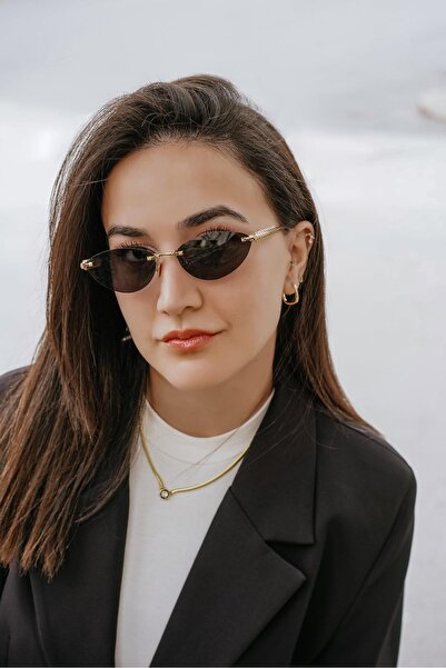 Stil Noktası Women's Cat Eye Sunglasses Black Glass Gold Metal Frame