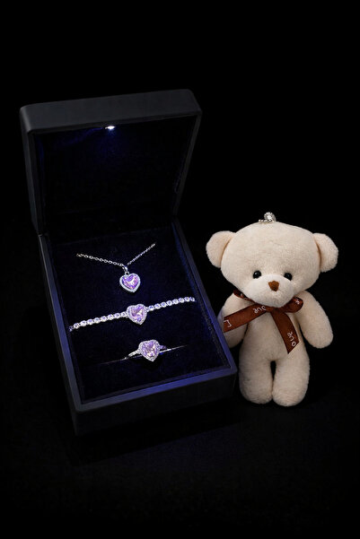 Nutly Accessories Işıklı Kutulu Kalp Taşlı Kolye Bileklik Yüzük Seti Peluş Ay...