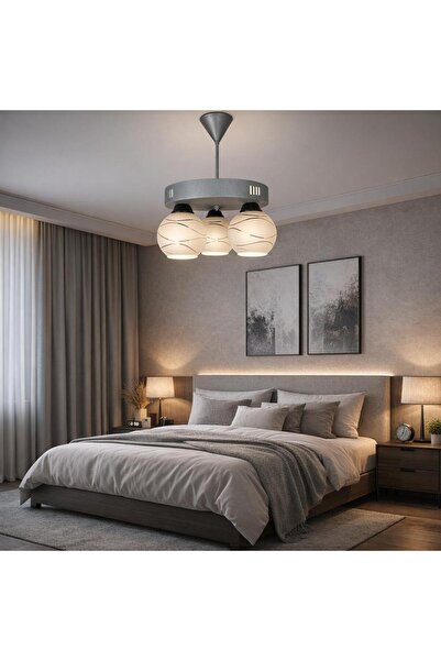 BİAVİZE 3LÜ GRİ YUVARLAK KASA BEYAZ CAMLI MODERN AVİZE