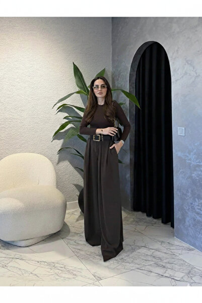 solena sln Women's Coffee Bridge Detailed Belted Palazzo Trousers