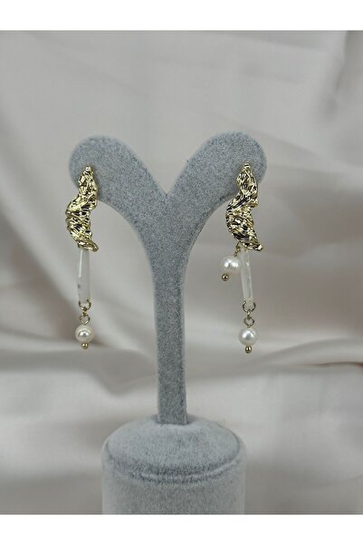 ZS Aksesuar Gold Color Textured Pearl Detailed Dangle Women's Earrings