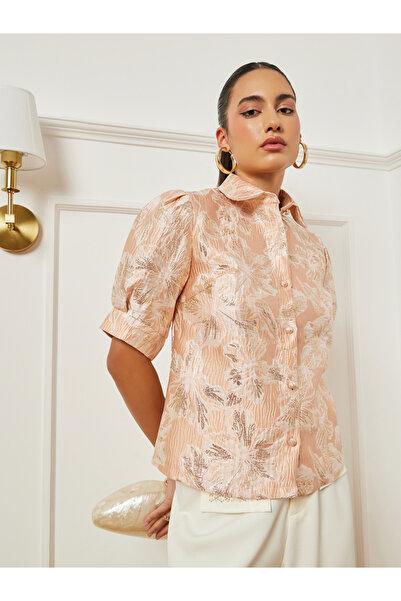 Styli Pink Floral Jacquard Puff Sleeves Blouse