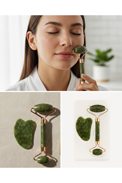 CT STONES Φυσικός κύλινδρος μασάζ προσώπου από πέτρα νεφρίτη και σετ Gua Sha ...