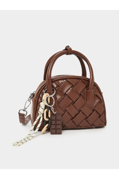 Styli Coffee Brown Woven Baguette Bag with Charm