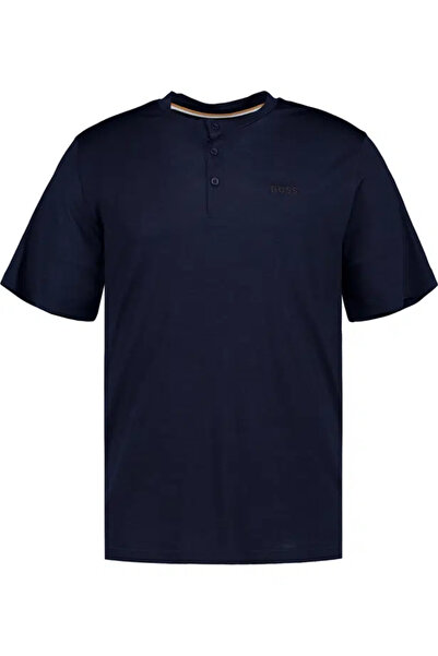 BOSS Men's Regular Fit Buttoned Collar Wool Content Short Sleeve Navy Blue T-...