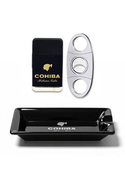 COHİBA Küllük Çakmak ve Metal Kesici Puro Aksesuar Seti Wide Tekli