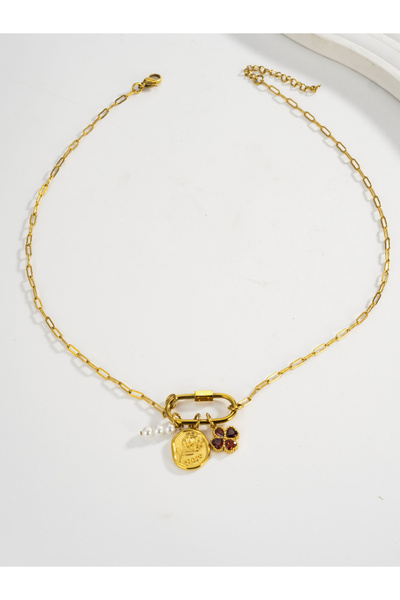 Take Two By Styli Women's Gold Rose Rhinestone Floral Paperclip Link Chain Ne...