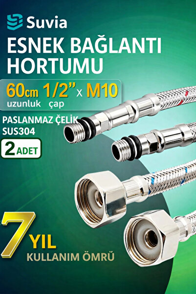 SUVİA Mutfak Lavabo Musluk Bağlantı Hortumu 60 cm 1/2'' x M10 Paslanmaz Çelik...