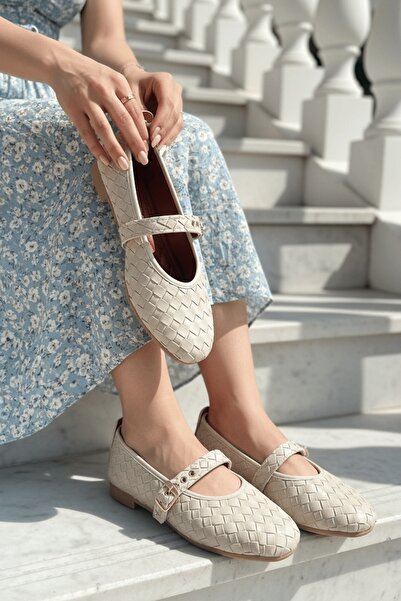 DİVOLYA Stap Beige Braided (2 cm) Oval Toe Daily Use Ballerinas