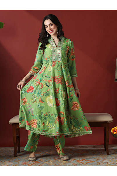 Globus By Styli Zari Embroidered Floral Print Anarkali Kurta and Pants Festiv...