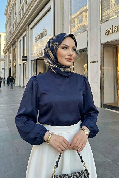 Genel Markalar Kadn Dik Yaka Kolu Lastikli Arka Fermuarlı Saten Bluz