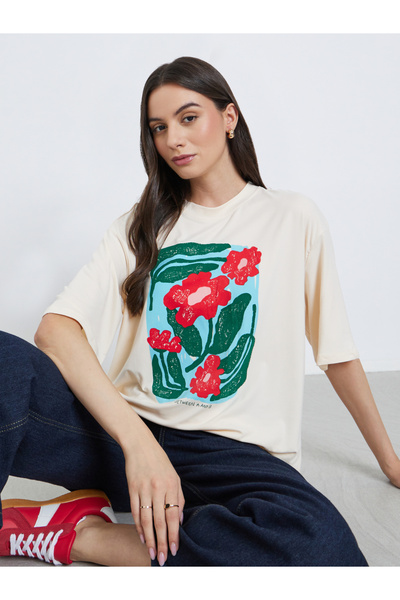 Take Two By Styli Beige Floral Graphic Oversized T-Shirt