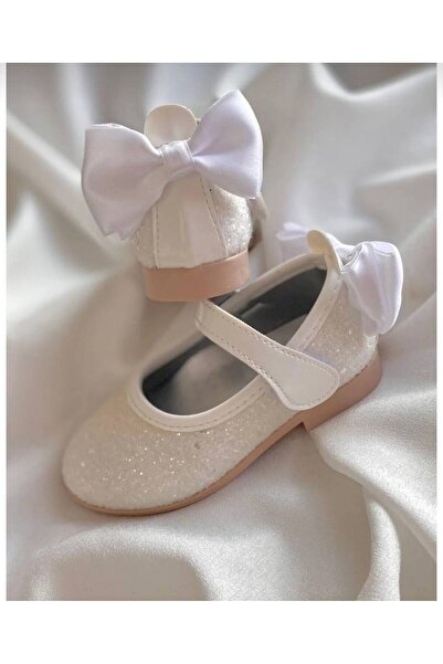 Ege Kids Kız Çocuk Beyaz Simli Fiyonklu Kaydırmaz Tabanlı Ortopedik Babet