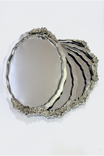 AHİR TİCARET 6 Pieces Complete Silver Oval Model Rose Motif Coffee-Tea Presen...