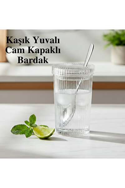 EVİST Striped Glass Presentation Cup - Special Lid with Spoon Hole - 15X11 cm...