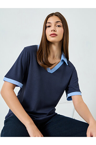 Styli Navy Blue Contrast Trim V-Neck Knit T-Shirt