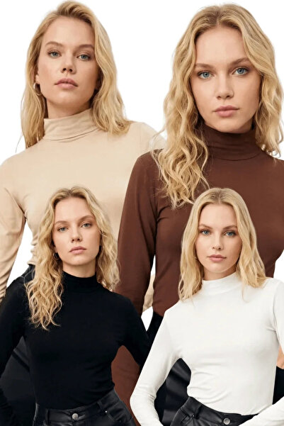 bysoca Women's Black White Beige Brown Half Turtleneck Long Sleeve Cotton 4-P...