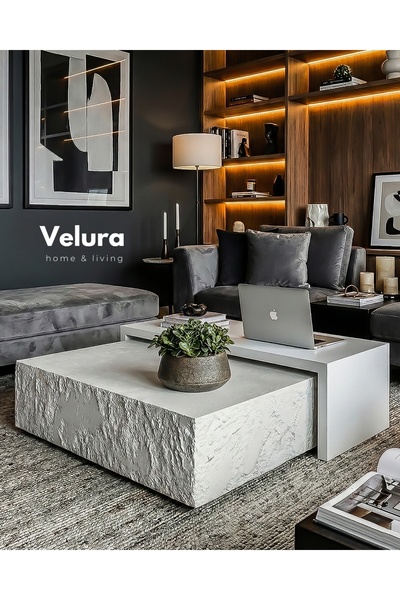 Velura Home & Living Nora Orta Sehpa - Beyaz Taş & Beyaz Ahşap