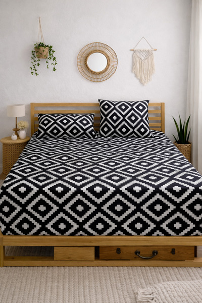 SADEN HOME Geometric Patterned Elastic Sheet Set - Single/Double/King Size