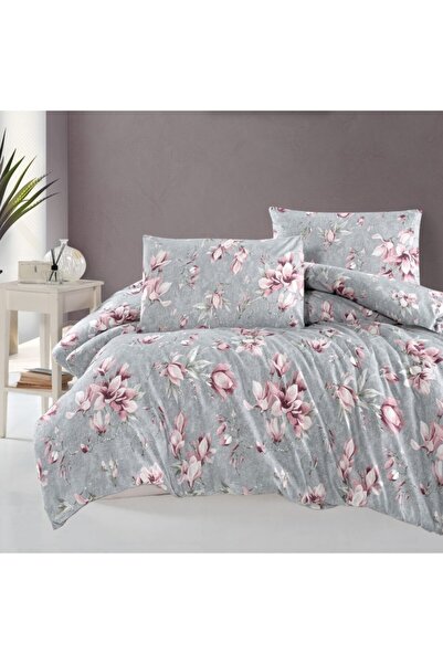 First Choice Double bed linen, grey ranforce Cotton with pink magnolias, Mare...