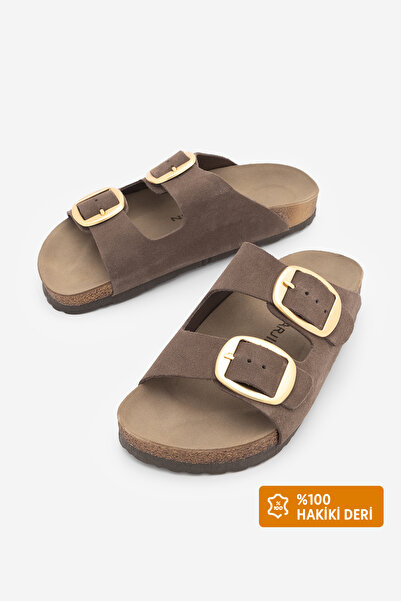 Marjin Women's Genuine Leather Daily Slippers Double Strap Slippers Eva Sole ...