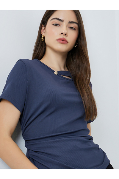 Styli Navy Blue Ribbed Asymmetric Hem T-Shirt