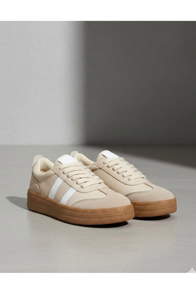 BonuStep Kadın Bej Samba Süet Detaylı Bağcıklı Çizgili Termo Taban Spor Ayakk...