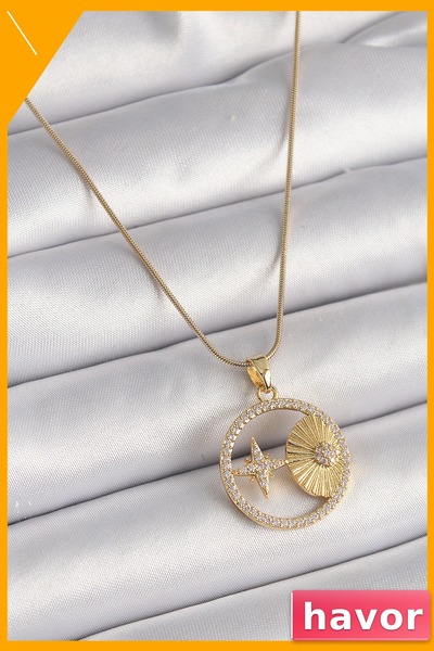 Zirkon Taşlı Yıldız İşlemeli Kadın Kolye 45cm Zincir