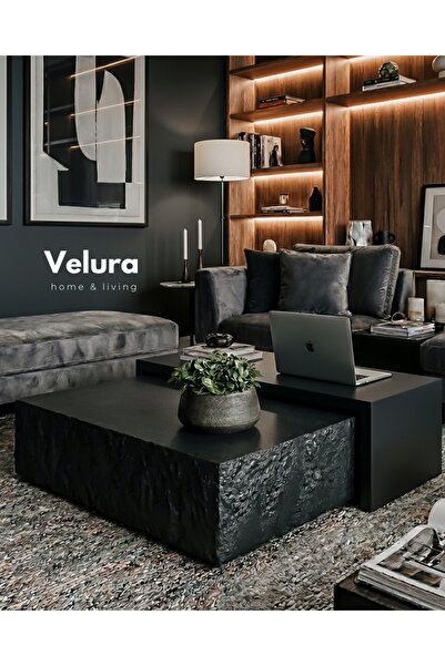 Velura Home & Living Nora Orta Sehpa - Siyah Taş & Siyah Ahşap