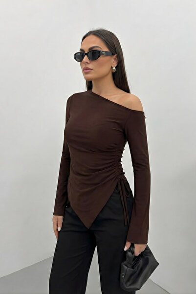 spirituel Women's Blouse One Shoulder Open Asymmetrical Side Gathered Long Sl...